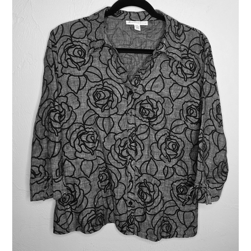 JM Collection Size 14P Grey/Black 100% Linen Blend Floral Blouse Lagenlook Artsy